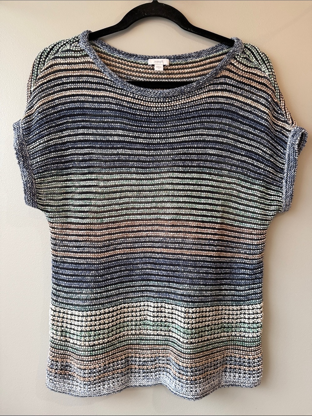 Pure Jill Striped Short-Sleeve Knit Top in Blue cream sage linen blend small